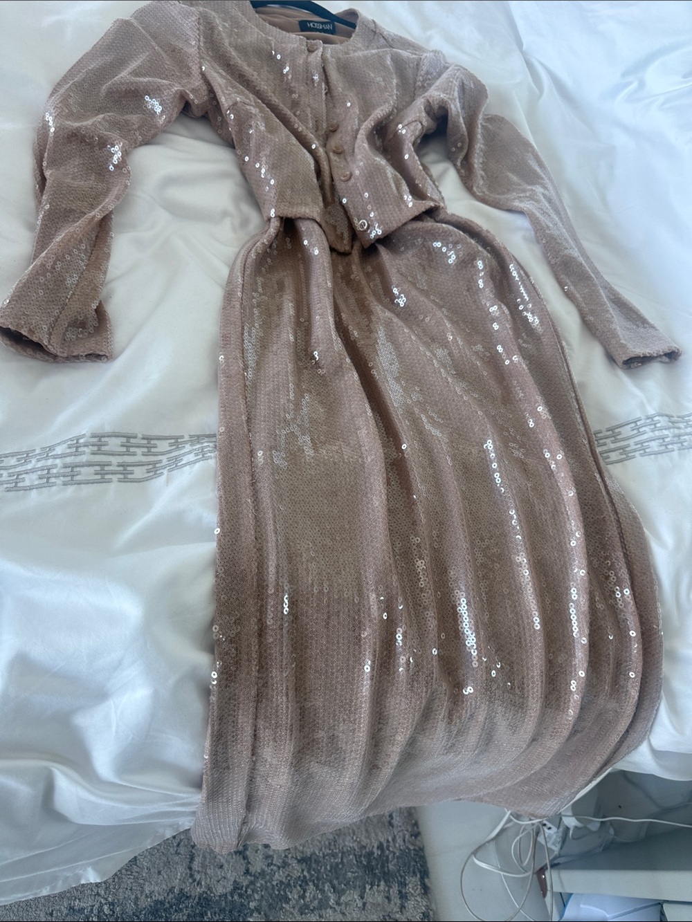 Sequin Knit Long Sleeve Jacket & Skirt Set - Taupe